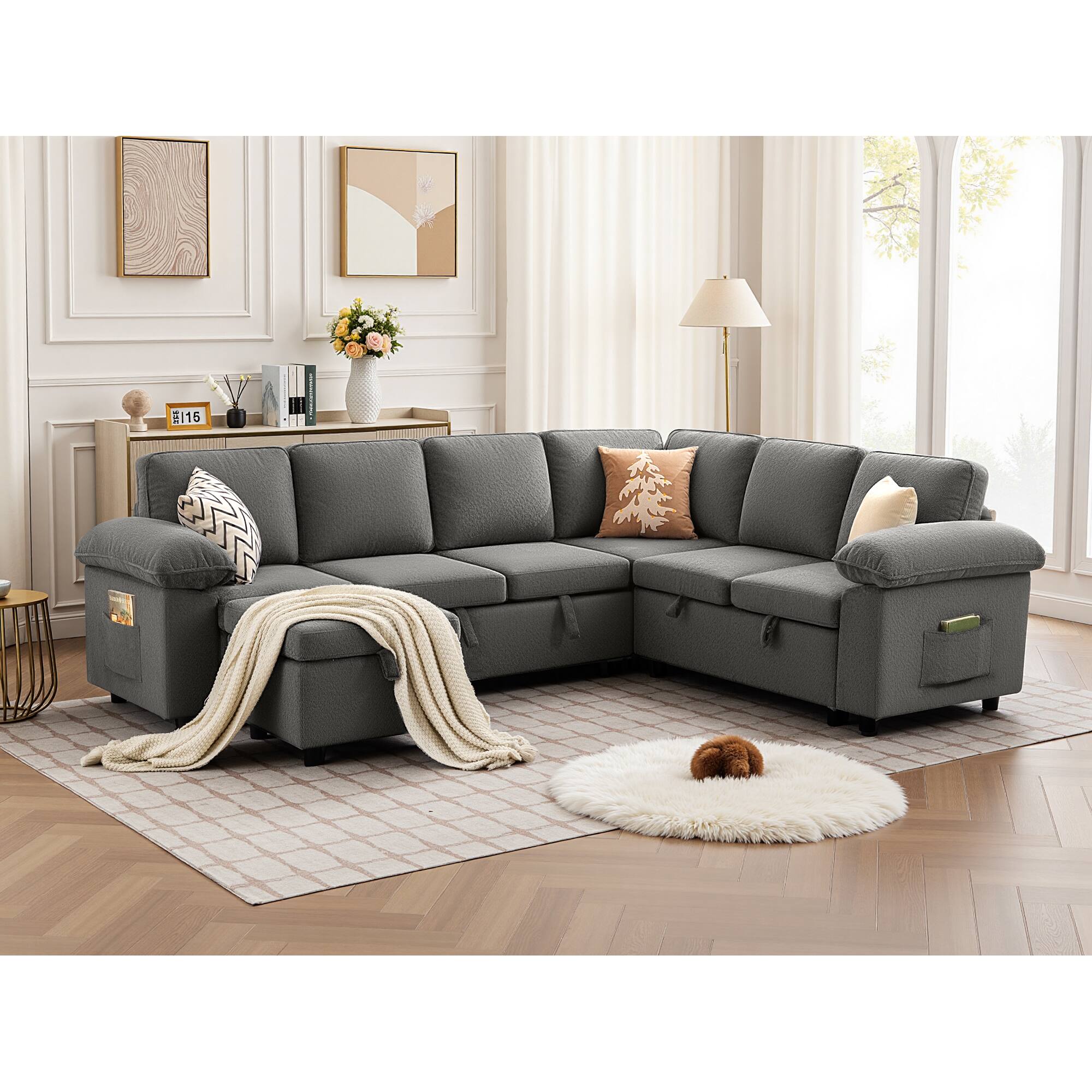 Alt View 2. KERDOM - Combined Convertible L-Shape Sofa with Storage Chaise for Living Room, Modular Sectional Sleeper Couch with Pull Out Bed - Grey-E.
