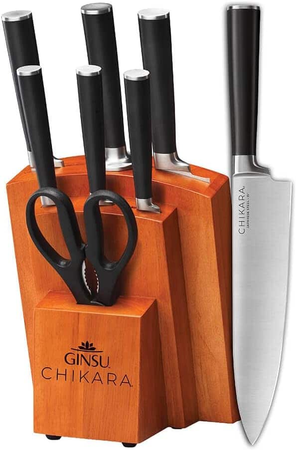 Ginsu - Chikara Series Forged 8-Piece Japanese Knife Set - with 420J Stainless Steel Kitchen Knives and Toffee Bamboo Block - Black