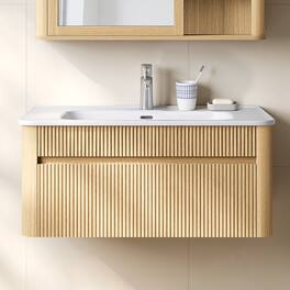 ModernMate - 30" Single Wall-Mounted Bathroom Vanity with Ceramic Sink, Soft Close Drawers, Solid Wood Legs - Natural Oak