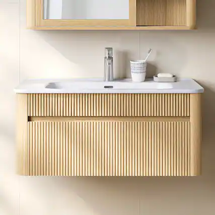 Front. ModernMate - 30" Single Wall-Mounted Bathroom Vanity with Ceramic Sink, Soft Close Drawers, Solid Wood Legs - Natural Oak.