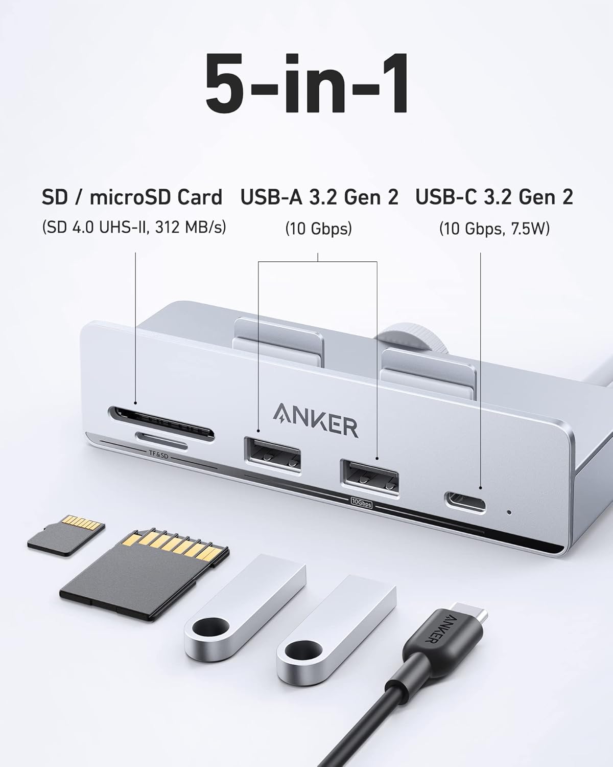 5-in-1 SD / microSD Card USB-A 3.2 Gen 2 USB-C 3.2 Gen 2 (SD 4.0 UHS-II, 312 MB/s) (10 Gbps) (10 Gbps, 7.5W) TF&SD ANKER