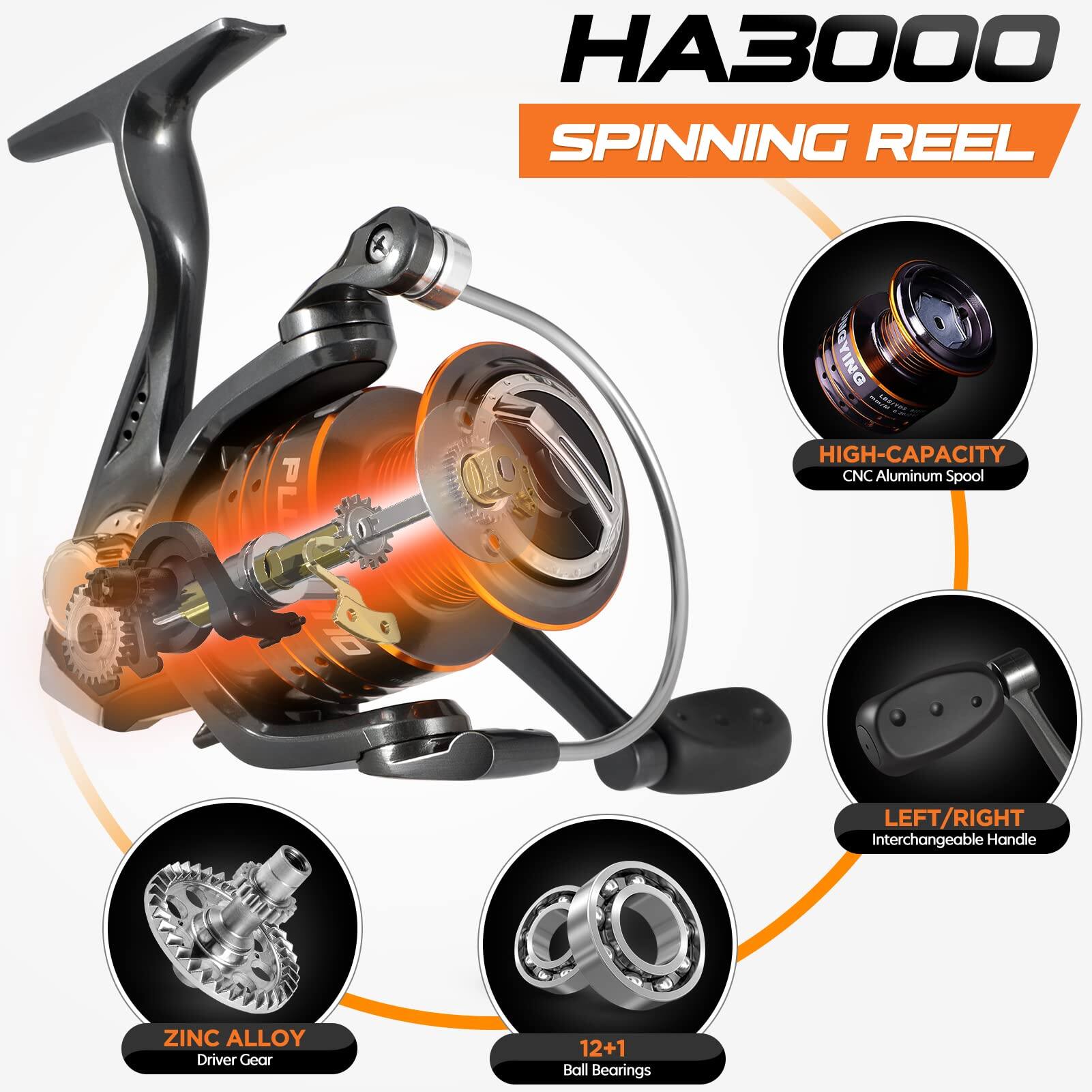 HA3000  
SPINNING REEL  

- HIGH-CAPACITY  
  CNC Aluminum Spool  

- ZINC ALLOY  
  Driver Gear  

- LEFT/RIGHT  
  Interchangeable Handle  

- 12+1  
  Ball Bearings