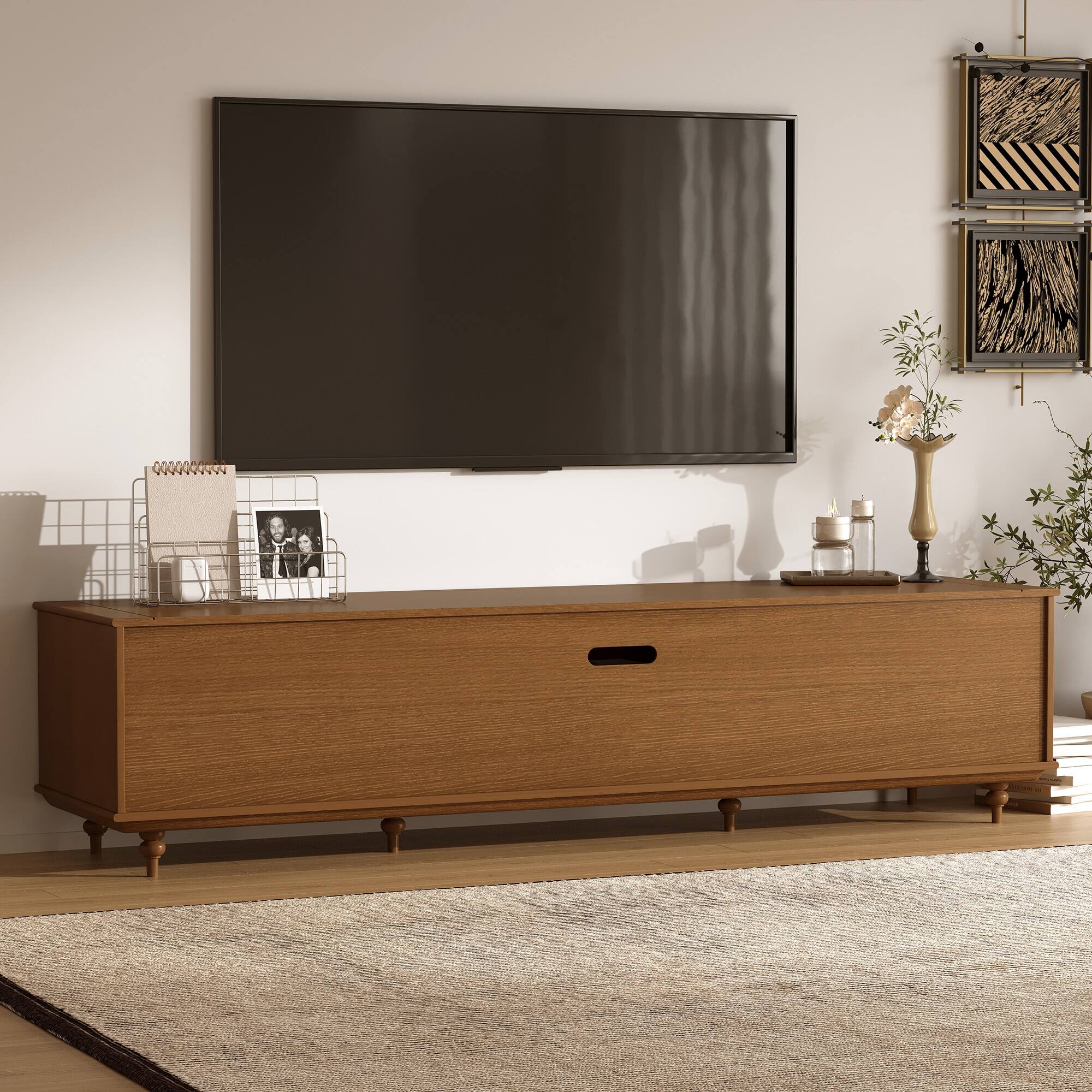 Alt View 2. luck idea - Farmhouse 78.74" TV Stand with Large Drawers & Removable Shelves - Metal Handles & Solid Wood Legs - Walnut Color.