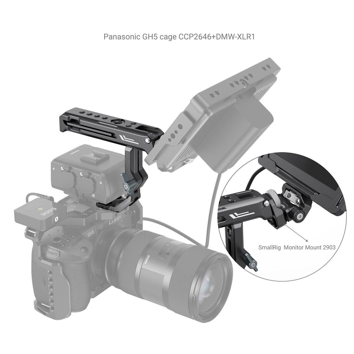 Panasonic GH5 cage CCP2646+DMW-XLR1  
CODE GH5 LUMIX REMOTE WWCHE  
SmallRig Monitor Mount 2903