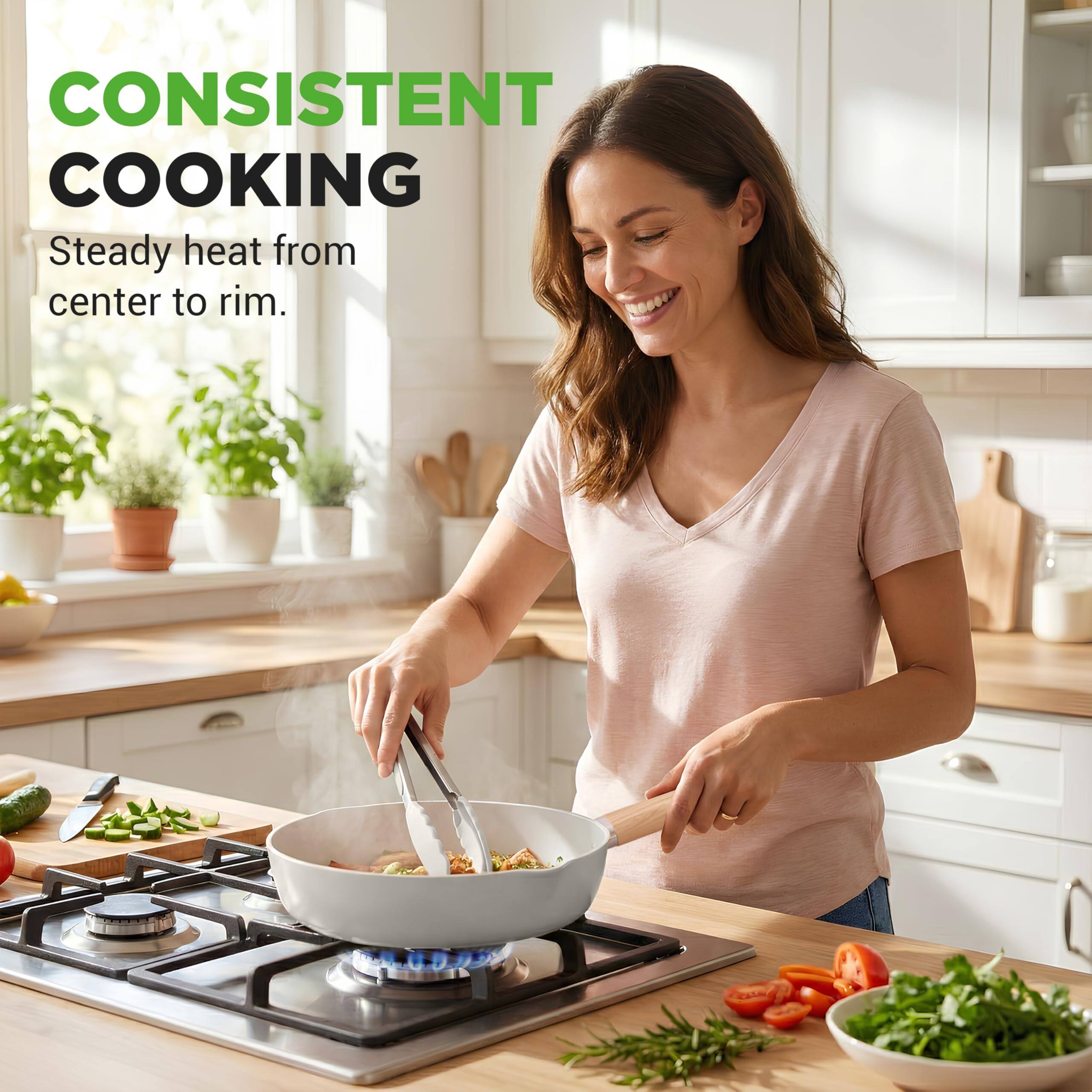 CONSISTENT COOKING  
Steady heat from center to rim.