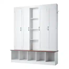 VEVOR - Hall Tree with Bench and Shoe Storage, 63" Wide, 4-in-1 Entryway Hall Tree with Bench, Hanging Hooks, Storage Cabinet - White