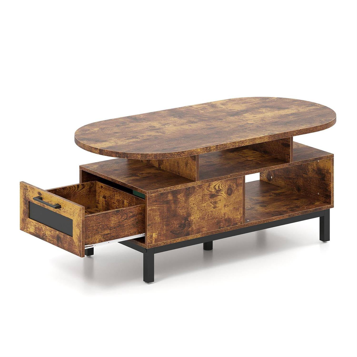 Alt View 1. Pefilos - 47" Oval Coffee Table, Combined Storage & Open Compartments, 5-Leg Stability Support, Rustic Brown & Black - Brown.