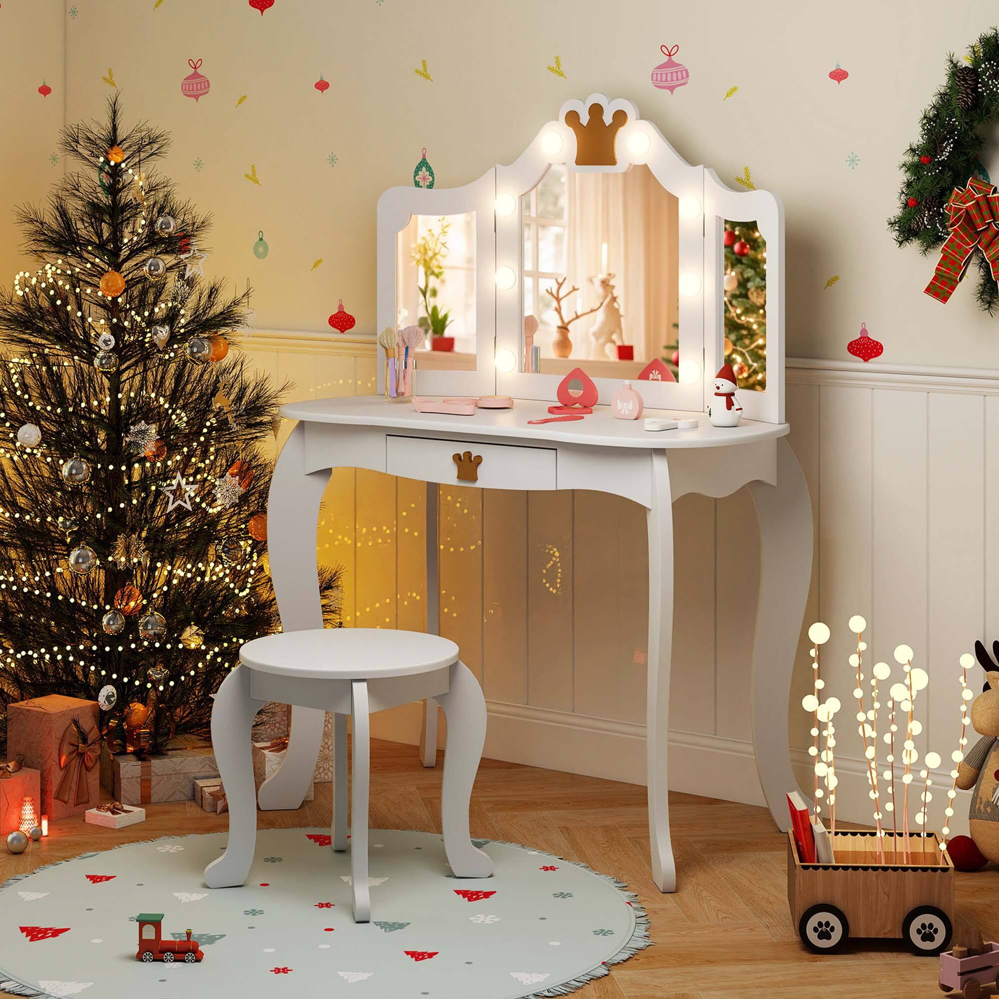 Alt View 1. Costway - Costway Kids Vanity Set Princess Vanity Table & Chair Set with Lighted Mirror - White.
