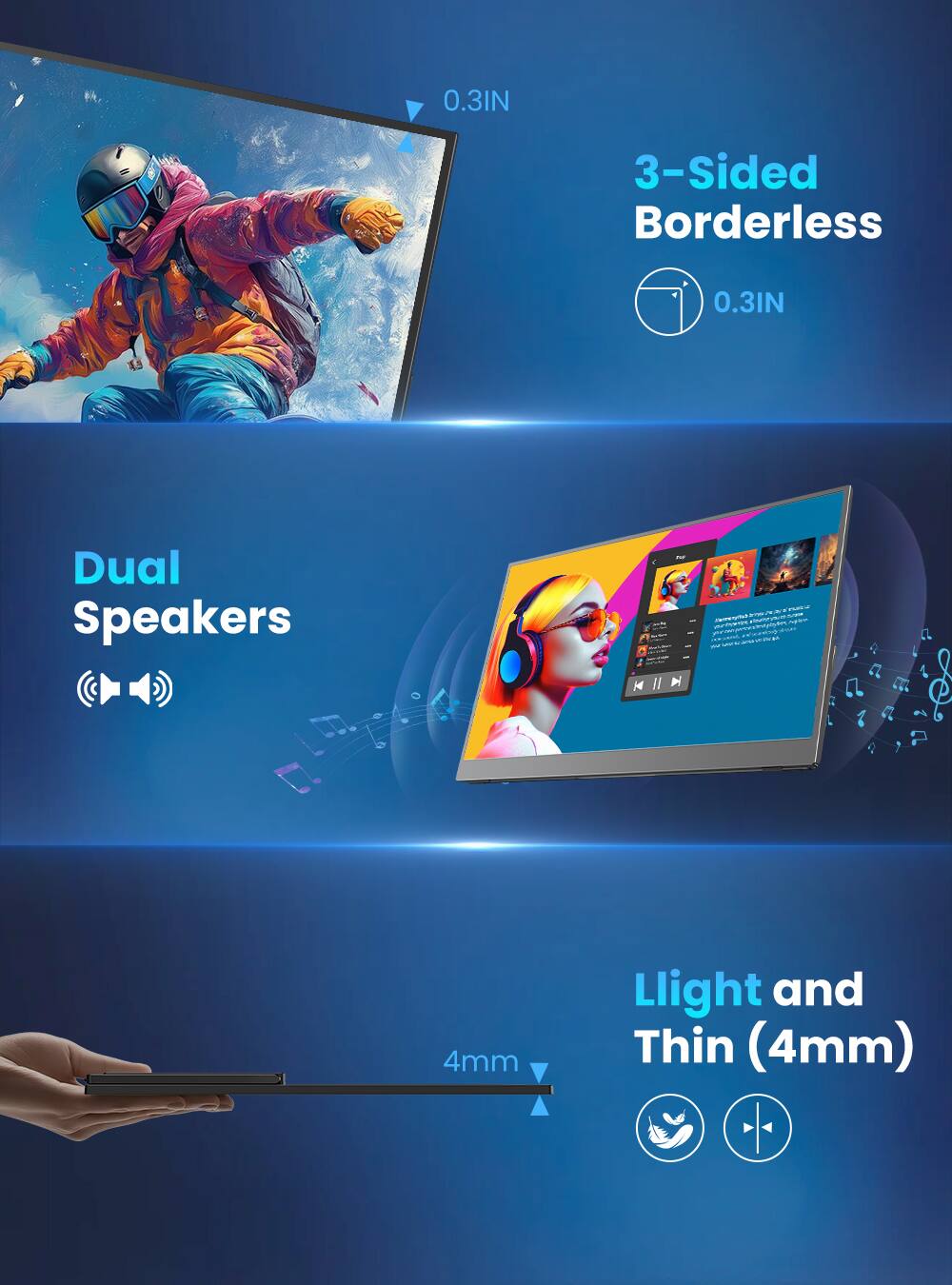 0.3IN 3-Sided Borderless 0.3IN Dual Speakers

Light and Thin (4mm)