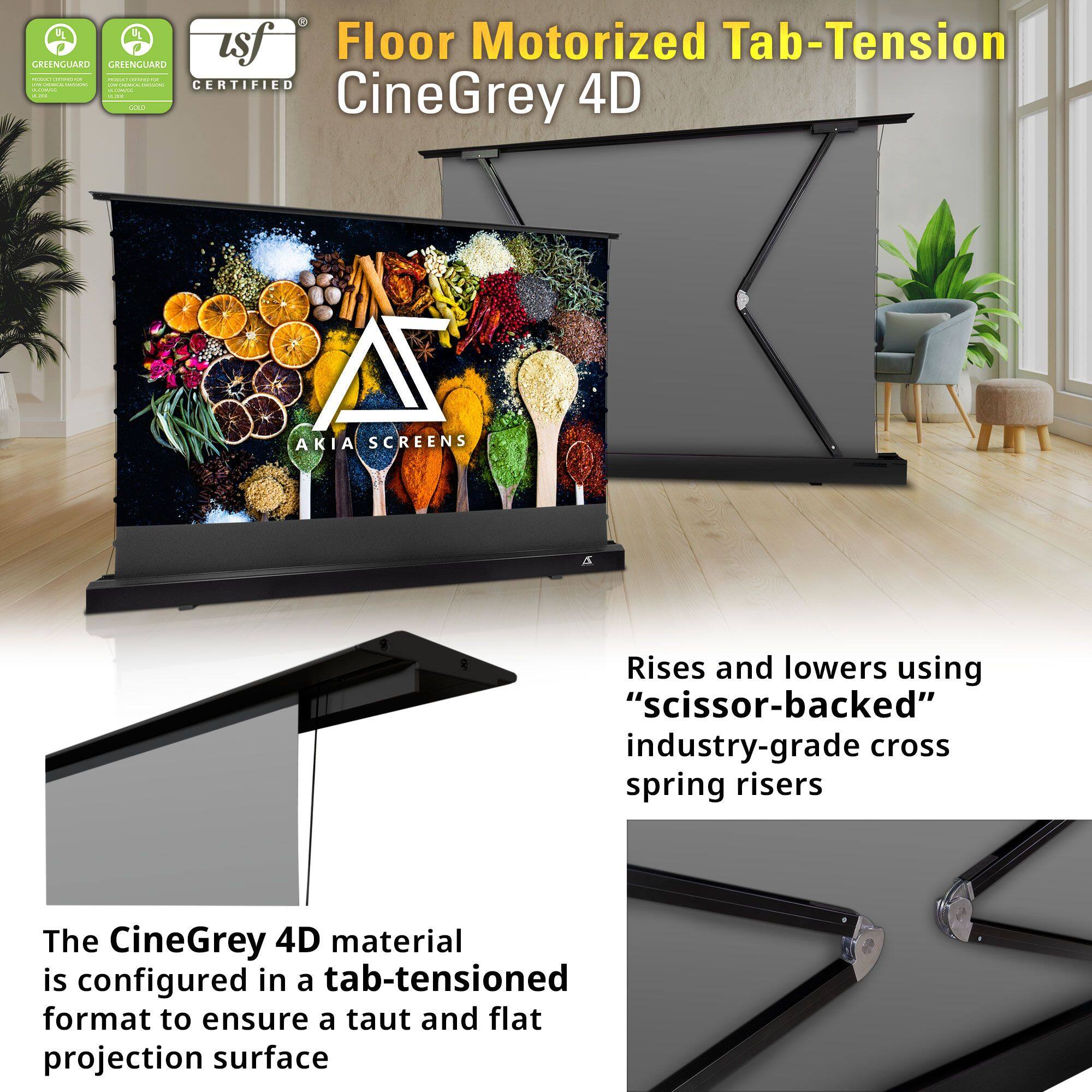 Floor Motorized Tab-Tension CineGrey 4D

- CERTIFIED
- GREENGUARD GOLD
- GREENGUARD CERTIFIED

The CineGrey 4D material is configured in a tab-tensioned format to ensure a taut and flat projection surface.

Rises and lowers using "scissor-backed" industry-grade cross spring risers.