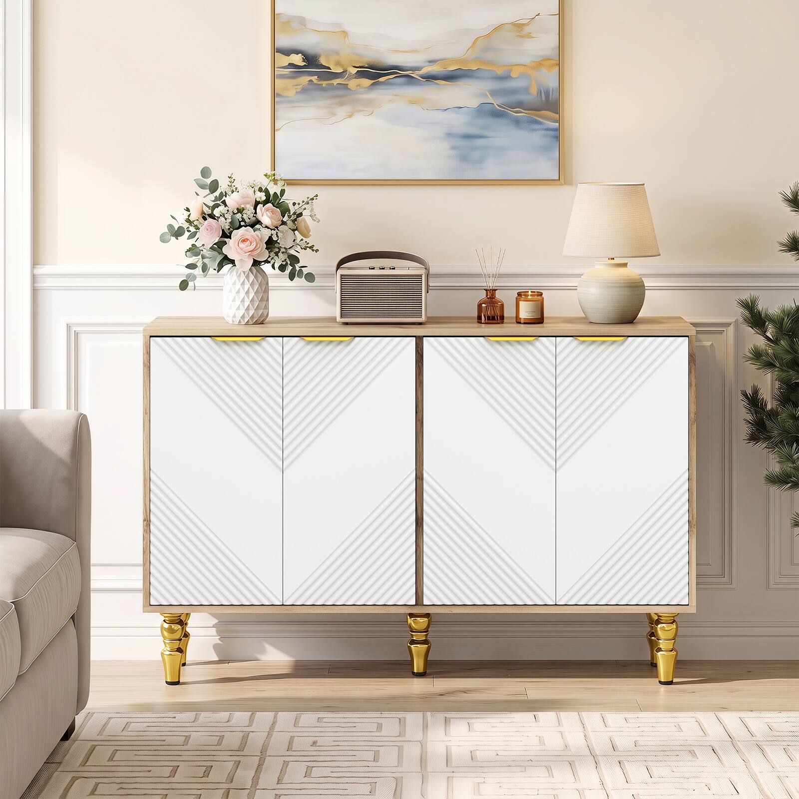 Alt View 3. Costway - Costway 47" Sideboard Buffet Cabinet Coffee Bar Storage with 4 Chevron Fluted Doors - Natural and White.