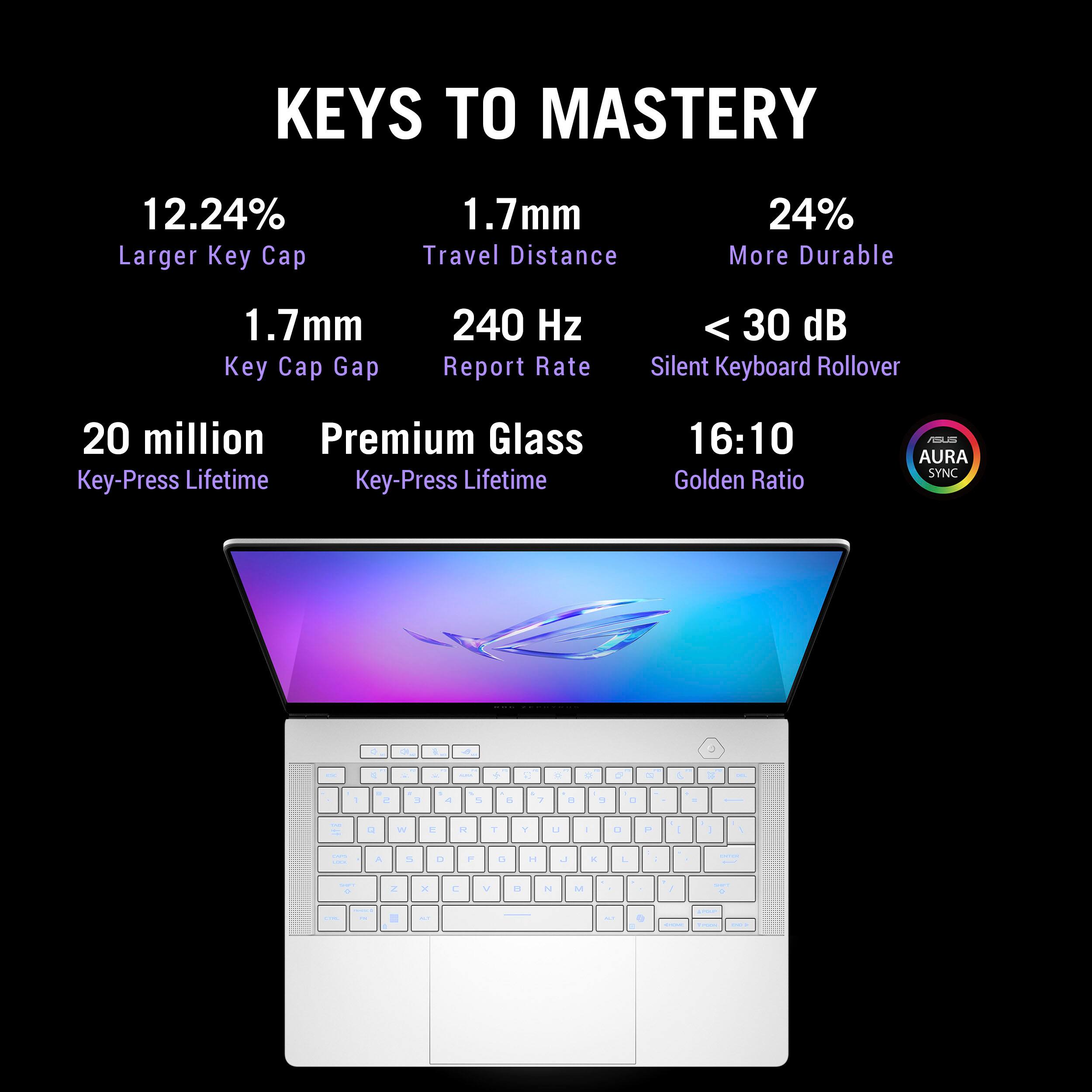 KEYS TO MASTERY

1.24% Larger Key Cap
1.7mm Travel Distance
24% More Durable
1.7mm Key Cap Gap
240 Hz Report Rate < 30 dB
Silent Keyboard Rollover
20 million Premium Glass Key-Press Lifetime
16:10 Golden Ratio
PLI AURA SYNC