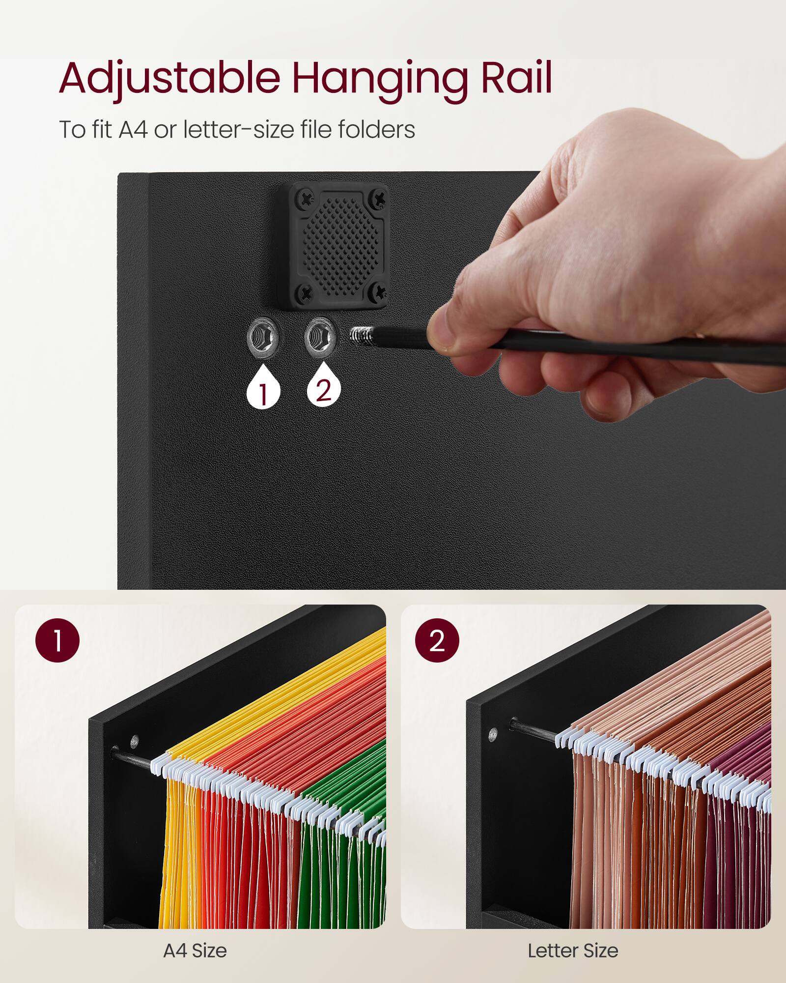 Adjustable Hanging Rail  
To fit A4 or letter-size file folders  

1. A4 Size  
2. Letter Size