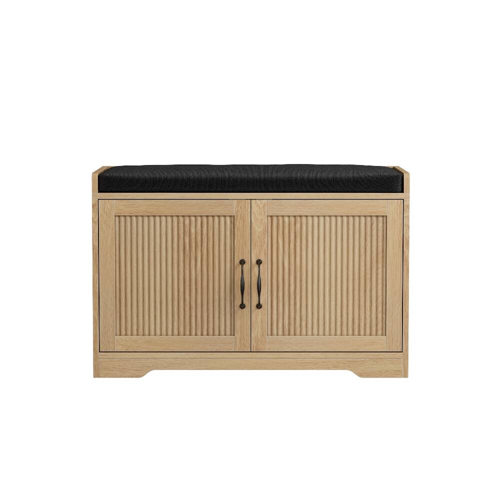 Alt View 9. Ropilly - Ropilly 31.5-Inch Oak Entryway Shoe Bench, Double Door Shoe Storage Cabinet with Cushioned Seat for Hallway - Oak.