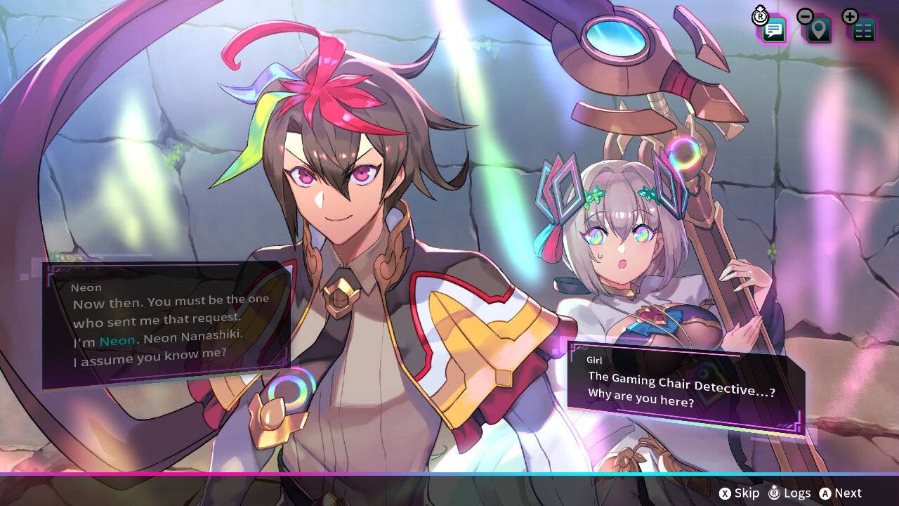Neon: Now then. You must be the one who sent me that request. Neon Nanashiki. I'm Neon. Know me? I assume you

Girl: The Gaming Chair Detective...? Why are you here?