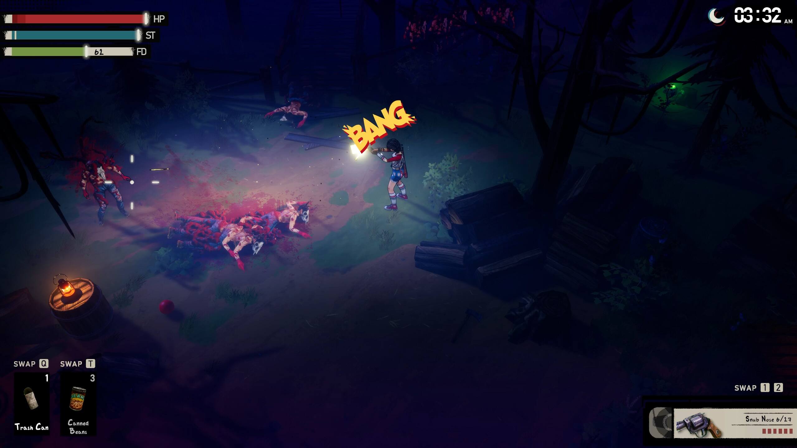 HP ST 03:32 AM 61 FD BANG SWAP 0 SWAP T 1 SA 3 SWAP 1 2 Trash Can Canned Beans Snub Nose 0/17