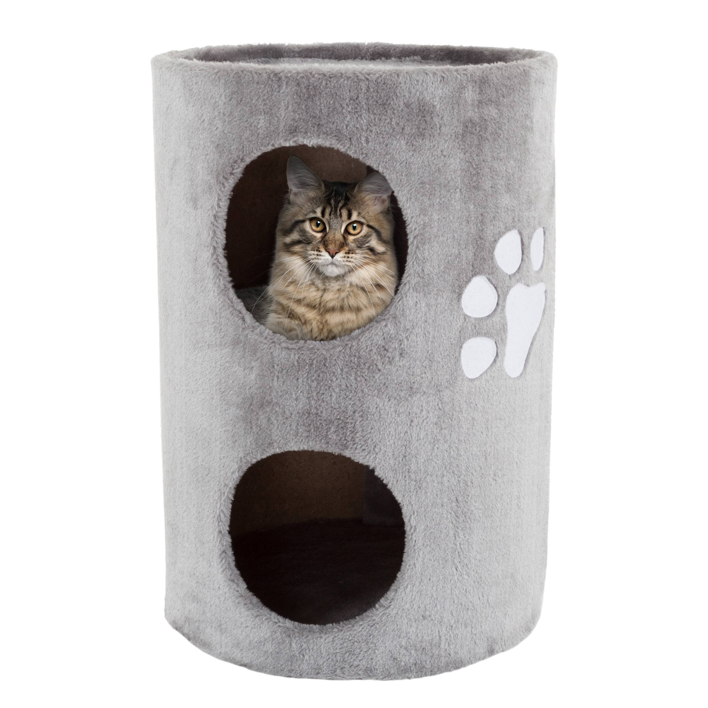 Front. PetMaker - 20.5-Inch Cat Condo 2 Story Cat House with Sisal Scratch Pad, Barrel Shaped Pet House Covered in Soft Fabric - Gray.