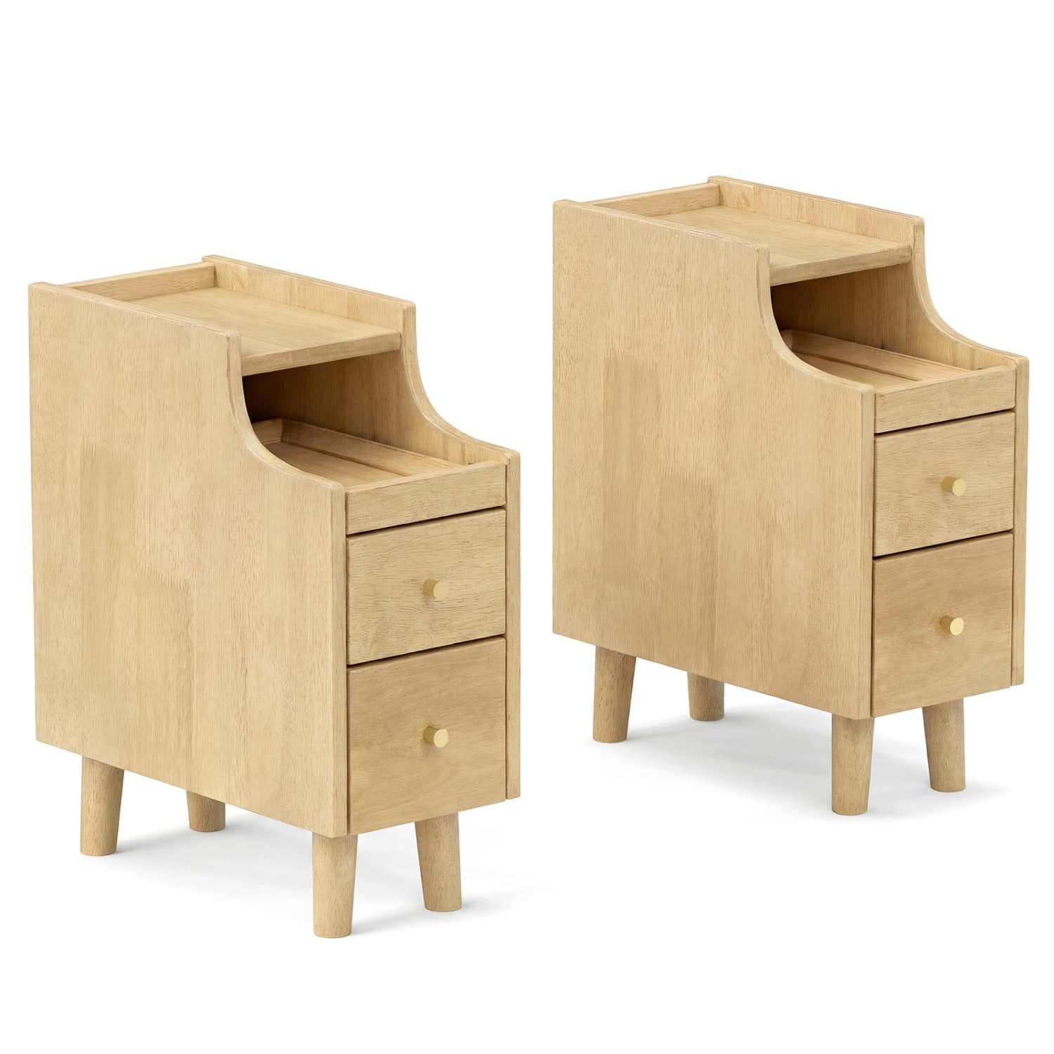 WELLFOR - Set of 2 Solid Wood Nightstands with Pull-out Tray and 2 Storage Drawers - Natural