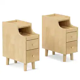 WELLFOR - Set of 2 Solid Wood Nightstands with Pull-out Tray and 2 Storage Drawers - Natural