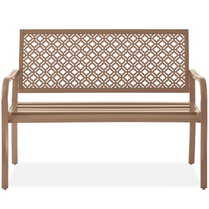 Front. Best Choice Products - Best Choice Products Indoor Outdoor Steel Garden Bench w/ Geometric Backrest, Foot Levelers - Taupe - Taupe.