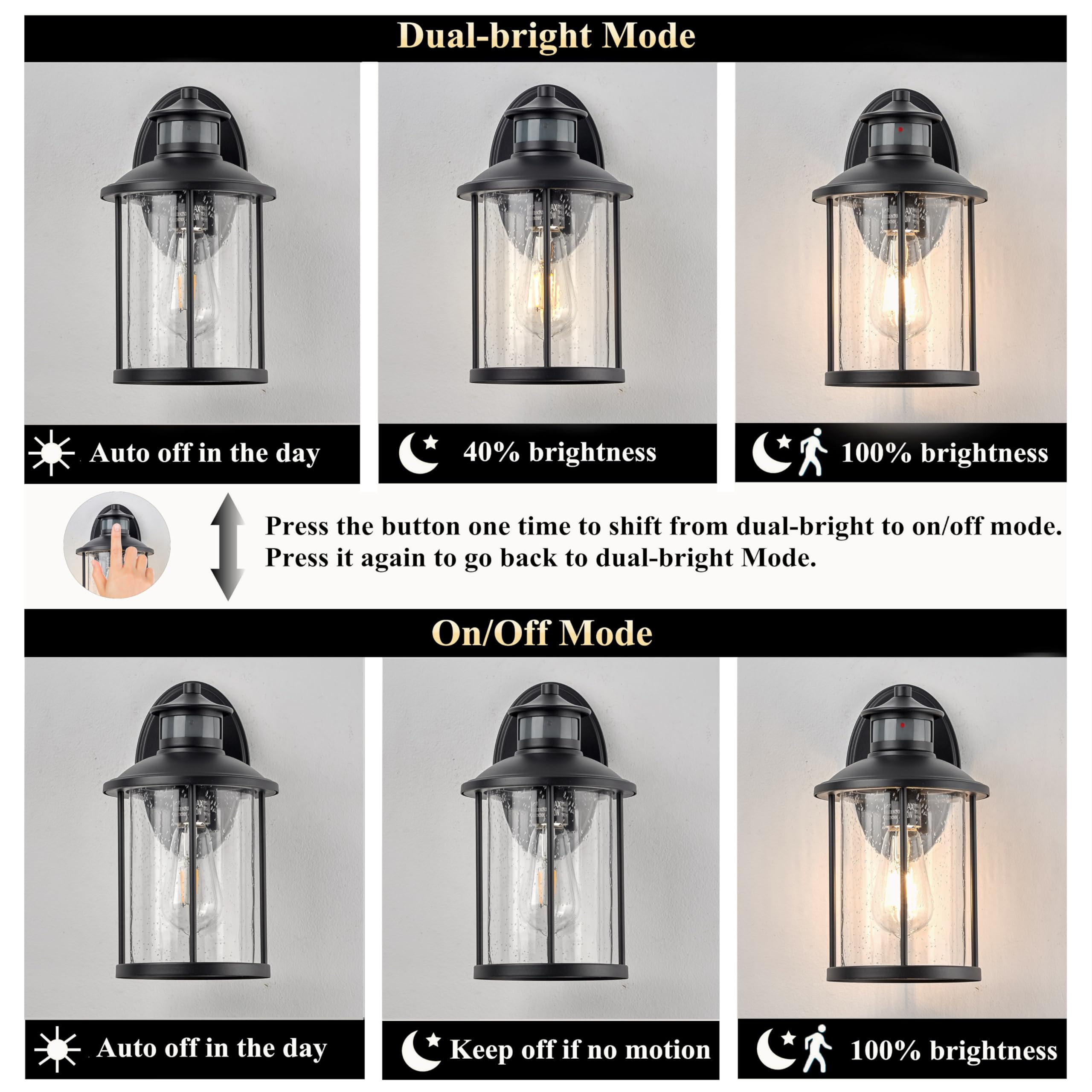 Dual-bright Mode

- Auto off in the day
- 40% brightness
- 100% brightness

Press the button one time to shift from dual-bright to on/off mode. Press it again to go back to dual-bright Mode.

On/Off Mode

- Auto off in the day
- Keep off if no motion
- 100% brightness