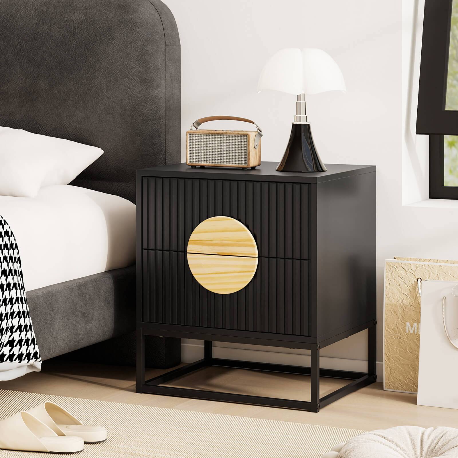 Alt View 4. Costway - Costway Fluted Nightstand with 2 Drawers with Pine Wood Handles & Metal Frame for Bedroom - Black.