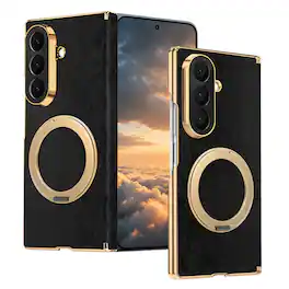 Dteck - Shockproof Magnetic Case for Samsung Galaxy Z Fold8 Ultra with Ring Stand, Leather Texture Rigid Plastic Hinge Cover - Black