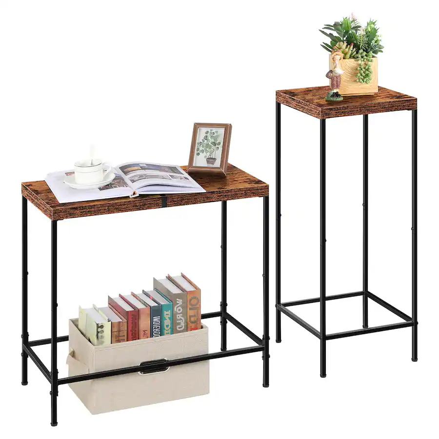 Obby Frame Oumilen Set of 2 Narrow End Tables – Rustic Wood Top with Black Metal ...