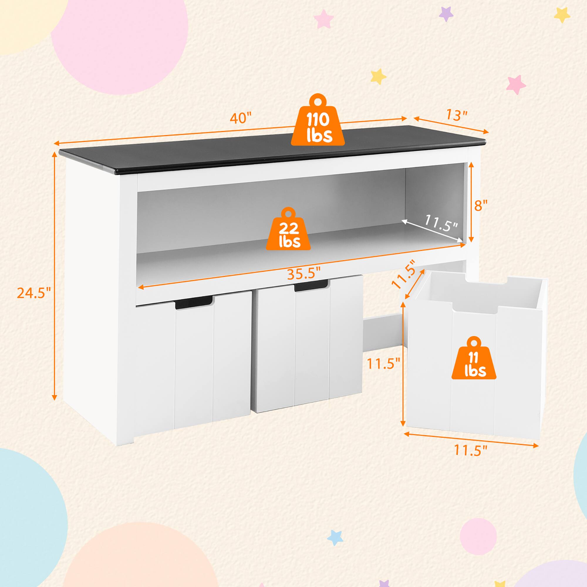 40" x 24.5" x 13"  
110 lbs  
35.5" x 11.5" x 11.5"  
22 lbs  
11.5" x 11.5" x 8"  
11 lbs