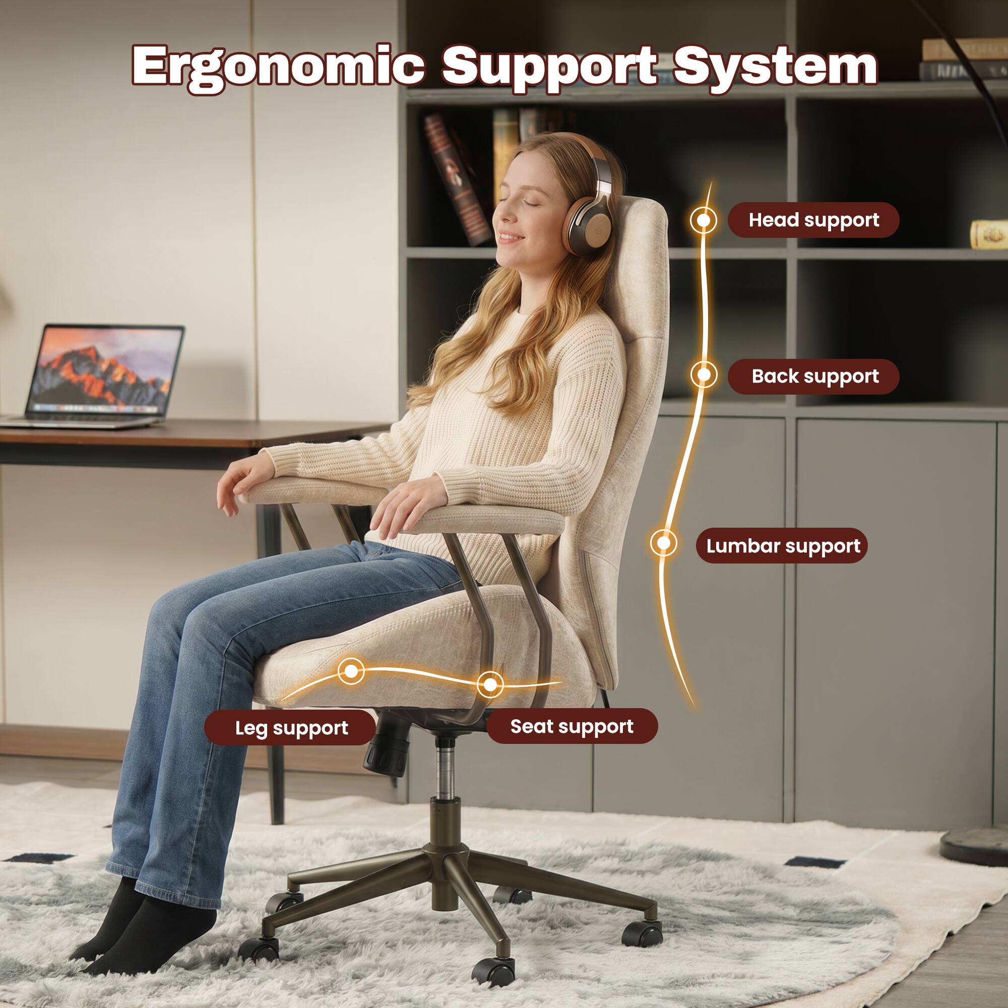 Ergonomic Support System

- Head support
- Back support
- Lumbar support
- Leg support
- Seat support