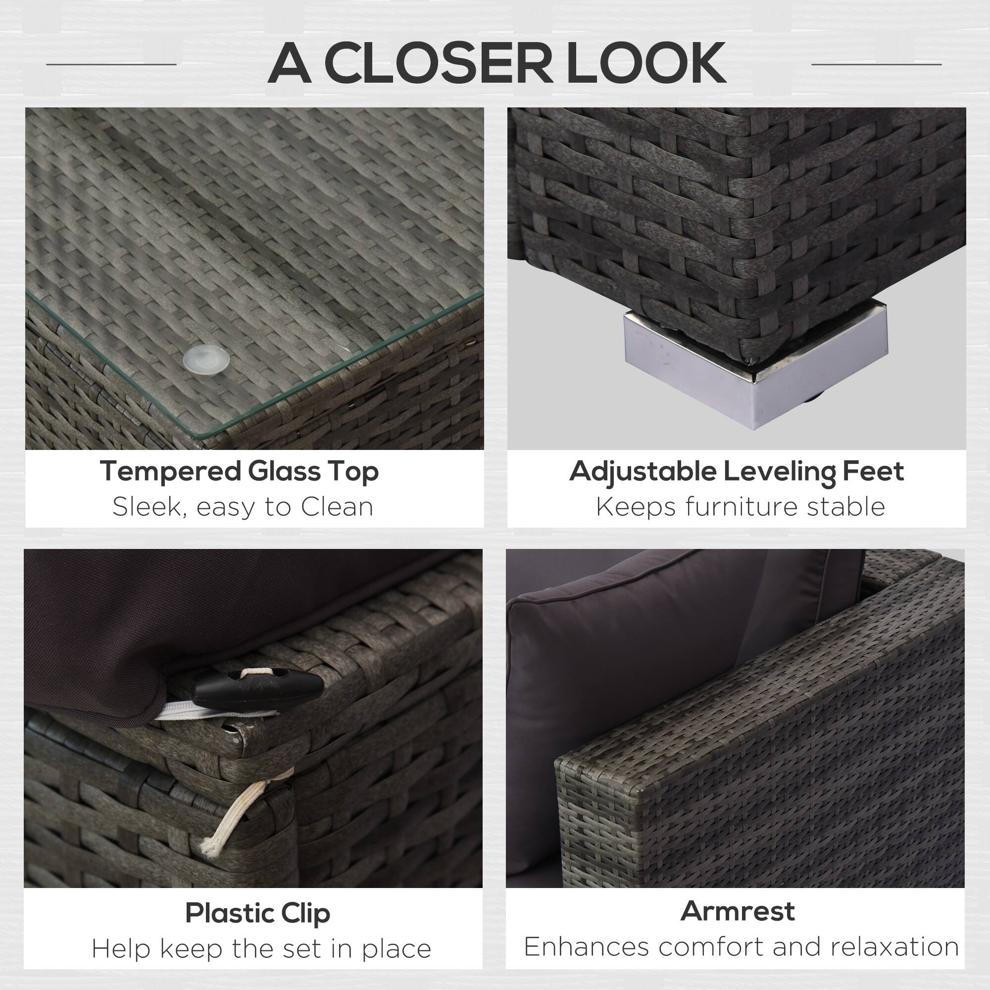 A CLOSER LOOK

Tempered Glass Top
Sleek, easy to Clean

Adjustable Leveling Feet
Keeps furniture stable

Plastic Clip
Help keep the set in place

Armrest
Enhances comfort and relaxation