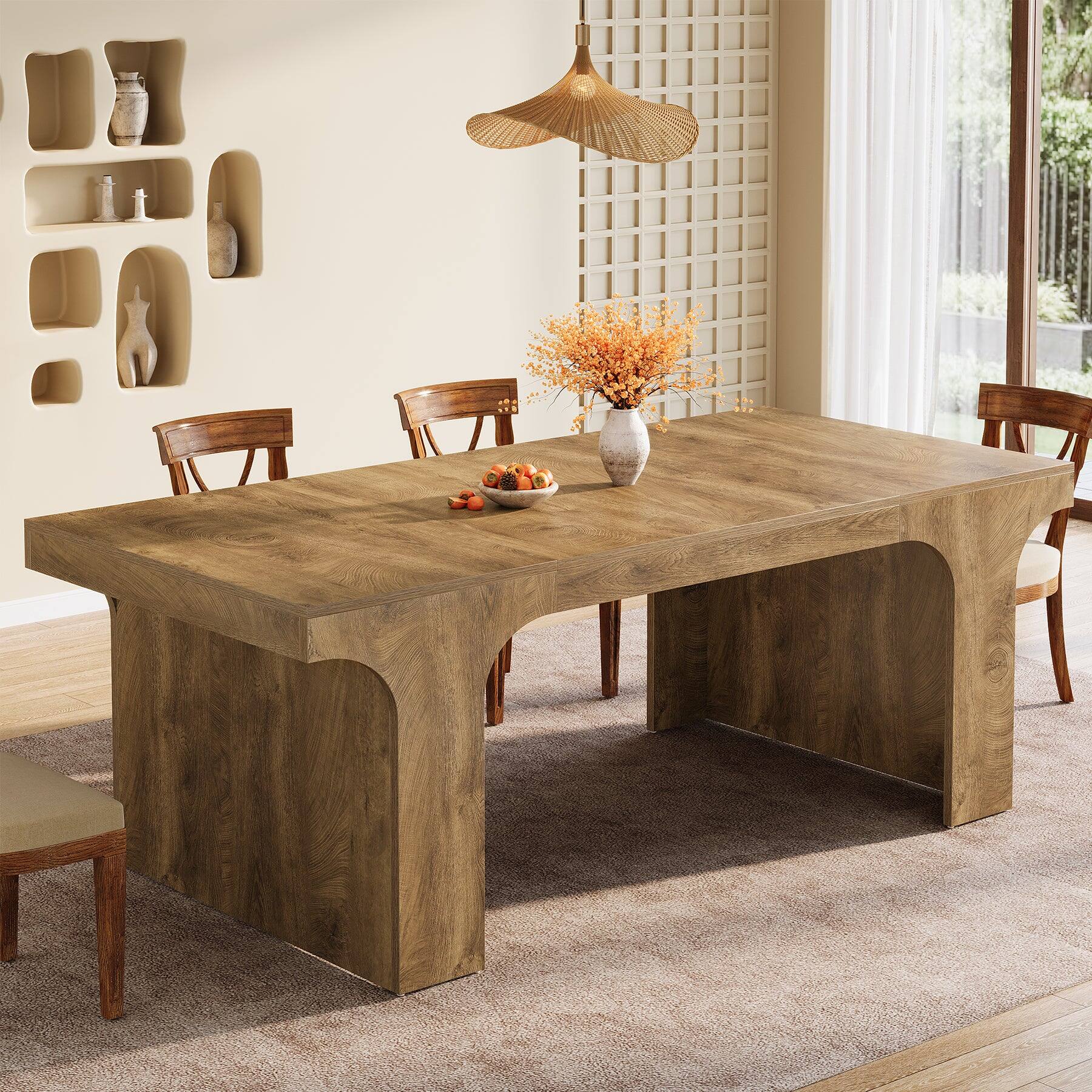 Front. Tribesigns - Farmhouse Dining Table with Engineered Wood Construction, Wood Grain Finish and Rectangular Top for Kitchen - Brown.