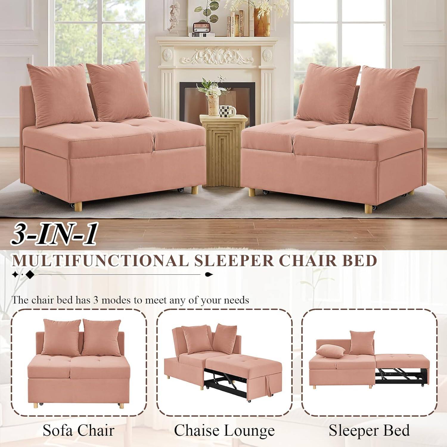 3-IN-1 MULTIFUNCTIONAL SLEEPER CHAIR BED

The chair bed has 3 modes to meet any of your needs

- Sofa Chair
- Chaise Lounge
- Sleeper Bed