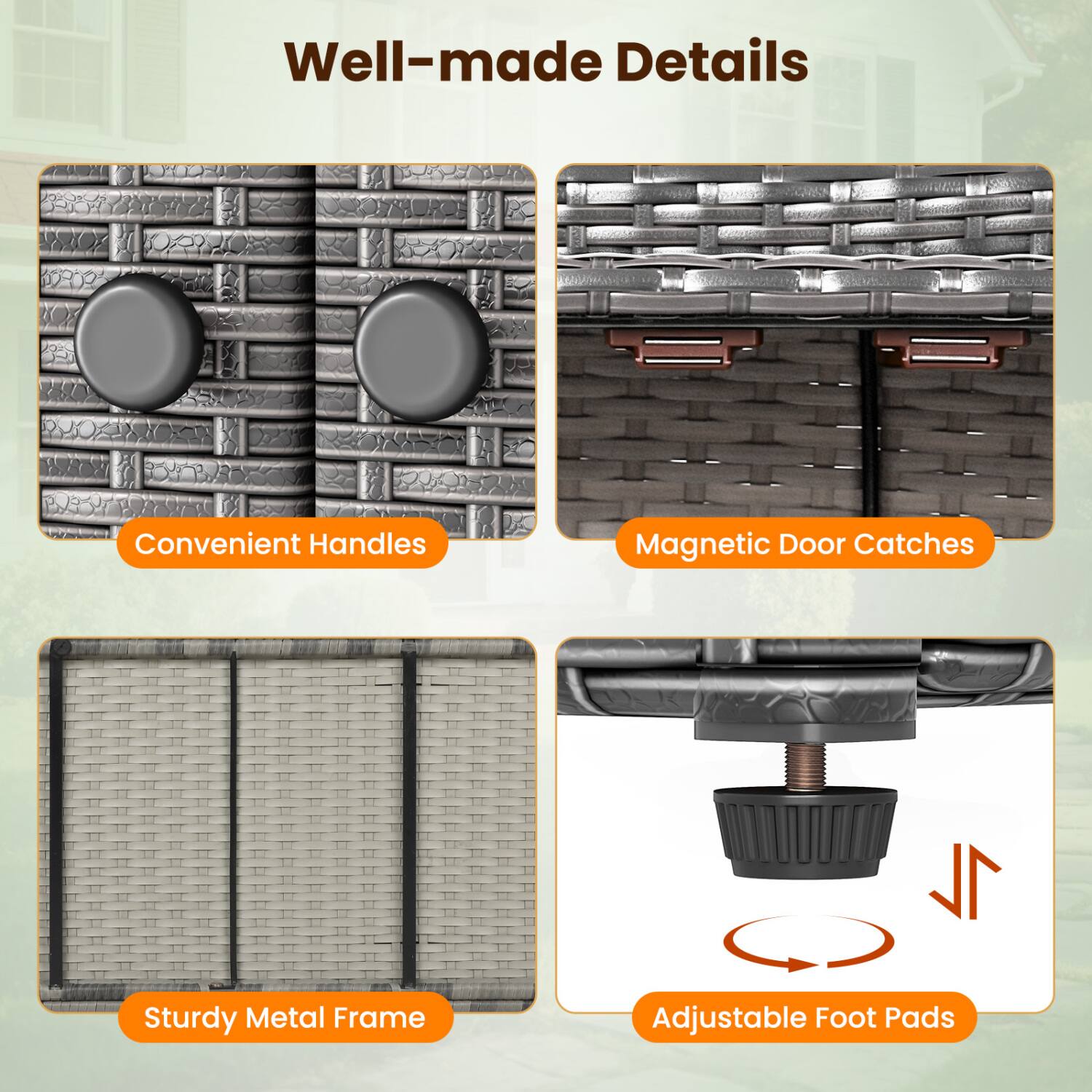 Well-made Details

Convenient Handles

Magnetic Door Catches

Sturdy Metal Frame

Adjustable Foot Pads