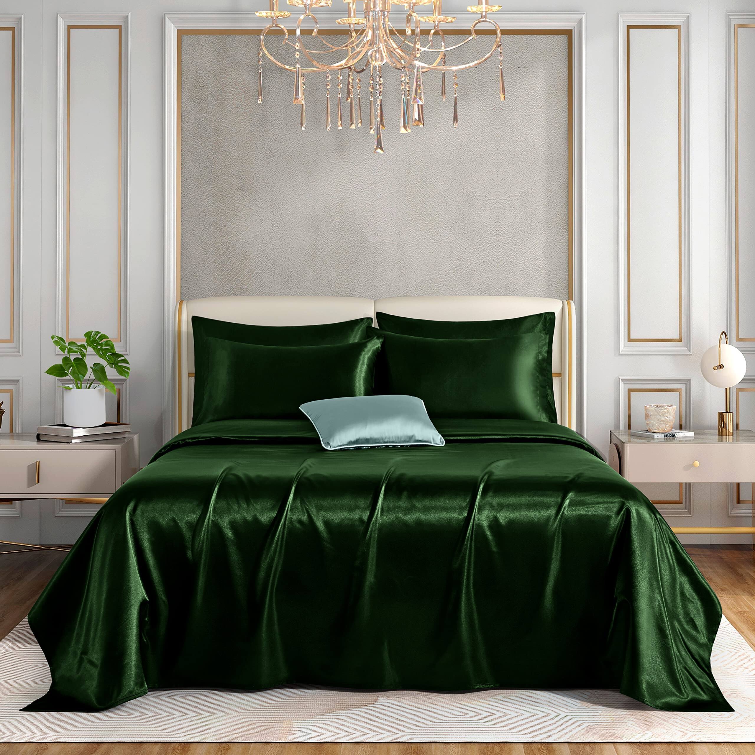 Left. Stylel Star - 6 Piece Satin Sheet Set Queen Size Luxury Silky & Soft Green Bed With 16" Deep Pocket  1 Fitted Flat 4 Pillowcases - Emerald Green-Queen.