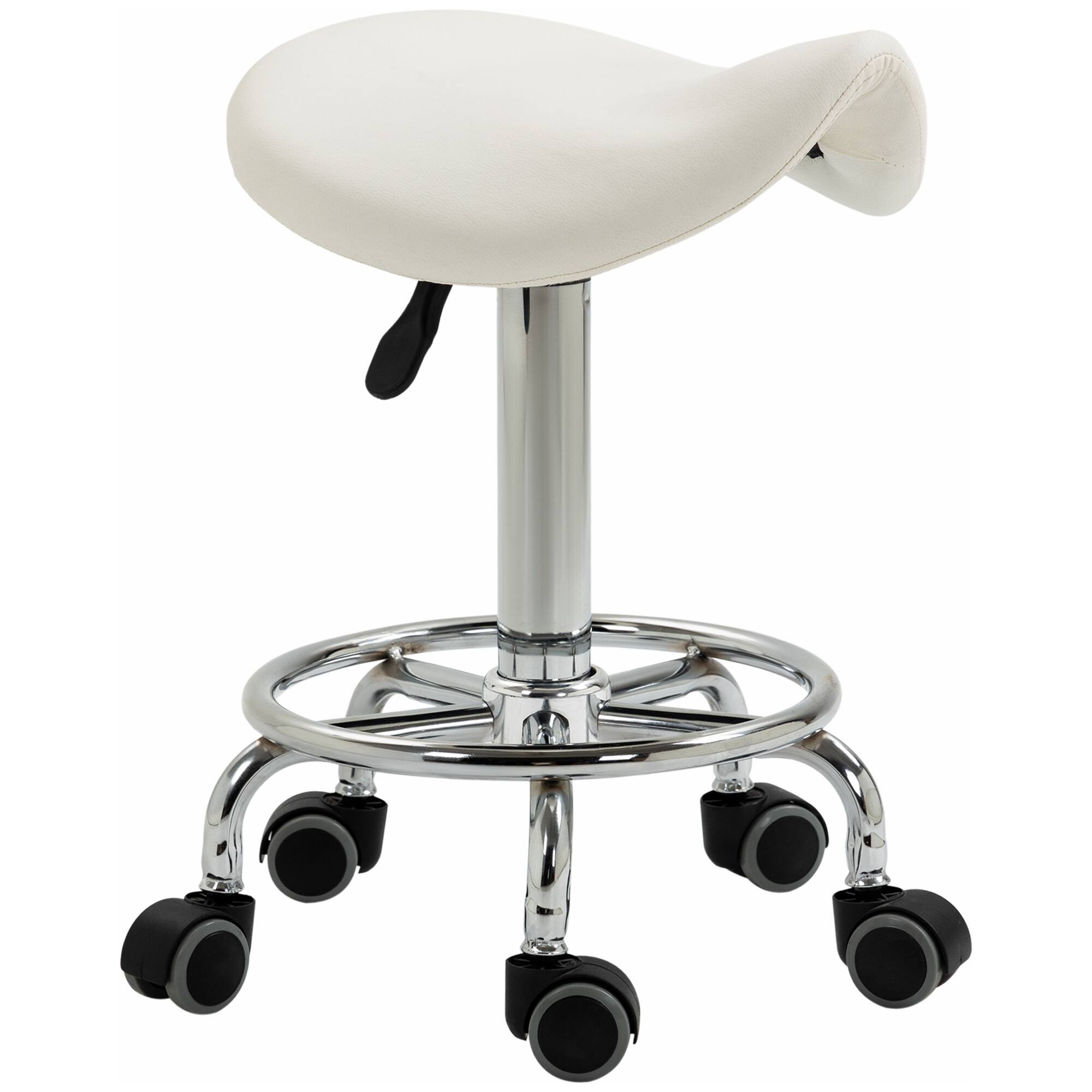 Front. Homcom - Leather Adjustable Stool, Rolling Saddle Stool with Wheels for Massage, Spa, Clinic - White.