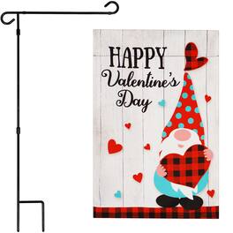 G128 - Combo Pack: 36 x 16 in Garden Flag Stand with 12 x 18 in Double-Sided Blockout Valentine's Gnome Flag - Assorted Colors