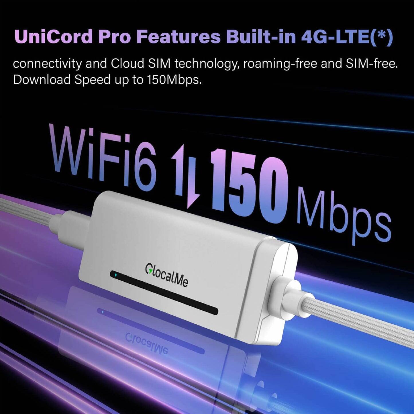 UniCord Pro Features Built-in 4G-LTE(*) connectivity and Cloud SIM technology, roaming-free and SIM-free. Download Speed up to 150Mbps.

WiFi6 11 150 Mbps

GlocalMe