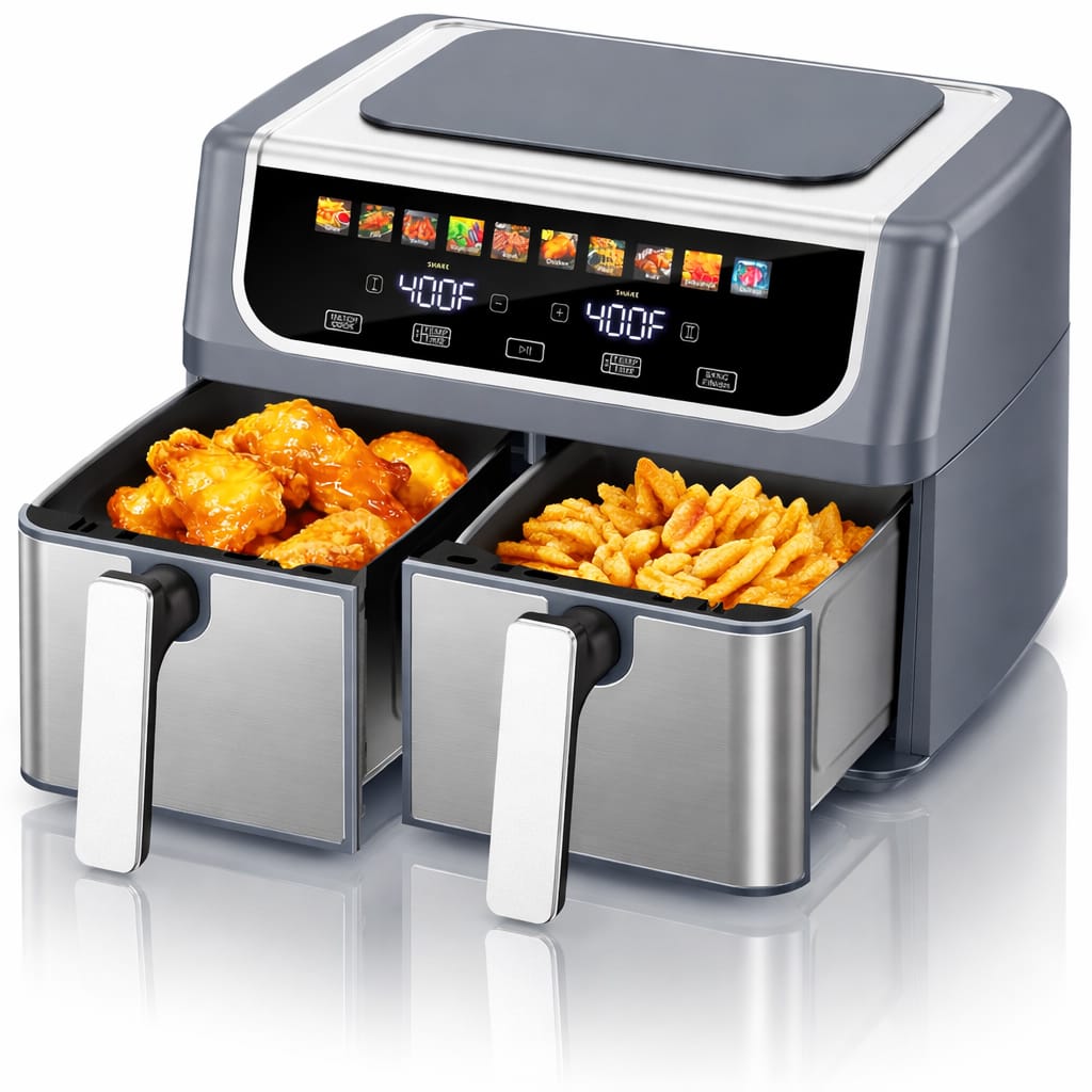 Sweet - Air Fryer 9QT Digital Touch, Large Capacity Dual Basket Oil-Free Cooker & Auto Shutoff - Gray