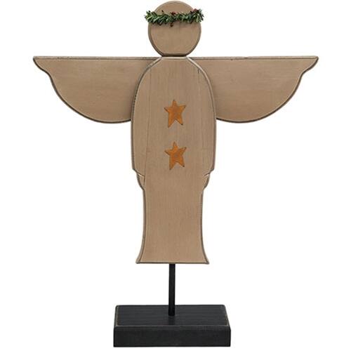 Front. BreeBe - Distressed Wooden Angel on Base - Brown.