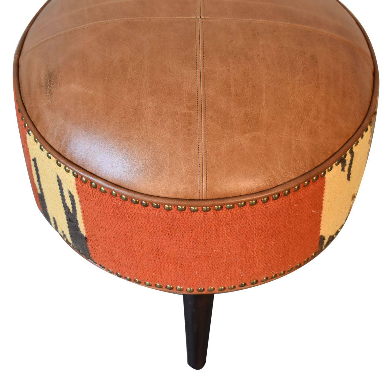 Alt View 2. Artisan Furniture - Artisan Furniture Solid Wood Durrie & Leather Mixed Footstool - Brown.