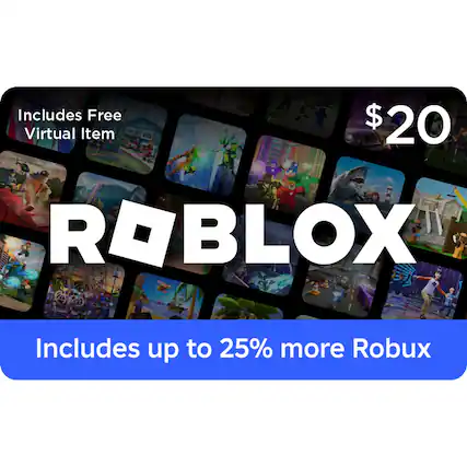 Includes Free Virtual Item $20 1 ROBLOX Includes up to 25% more Robux