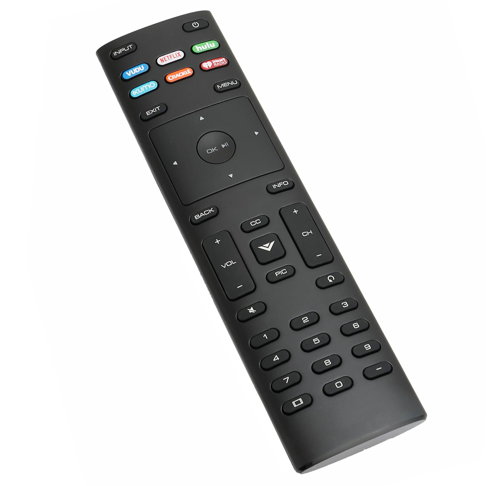 INPUT, hulu, NETFLIX, PeeT BADIO, VUDU, CRACKLE, Xumo, MENU, EXIT, ill, OK, INFO, BACK, CC, CH, VOL, -PIC-, -G-, 2, 1, 4, 7, 3, 2, 6, 5, 9, 8, -0