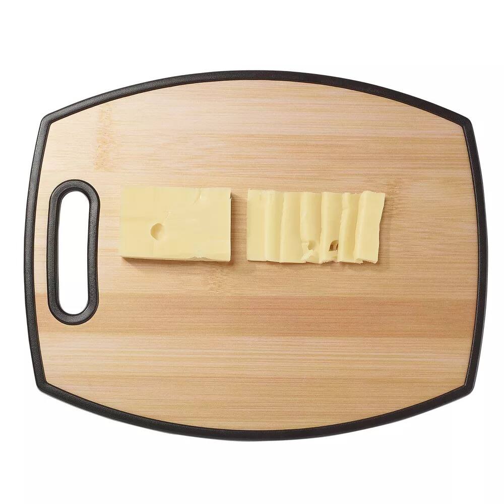Back. Elle Decor - 12" × 15" Kitchen Cutting Board with Handle, Durable Bamboo‑Designed Plastic, Dishwasher Safe - Brown.