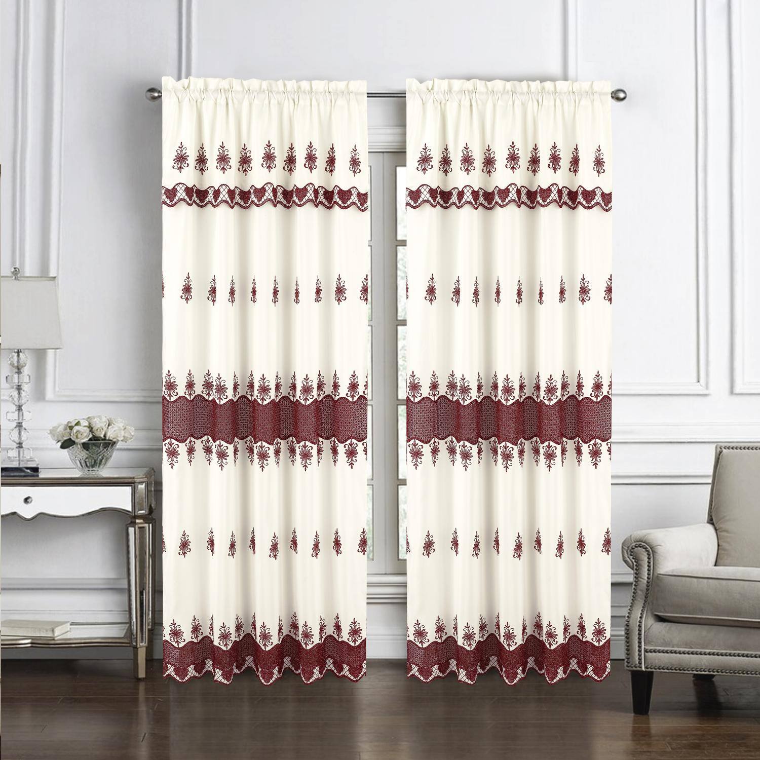 Angle. RT Designers Collection - RT Designers Collection Donna Macrame Construction 3" Rod Pocket Curtain Panel 54" x 90" Beige/Burg - Beige burg.