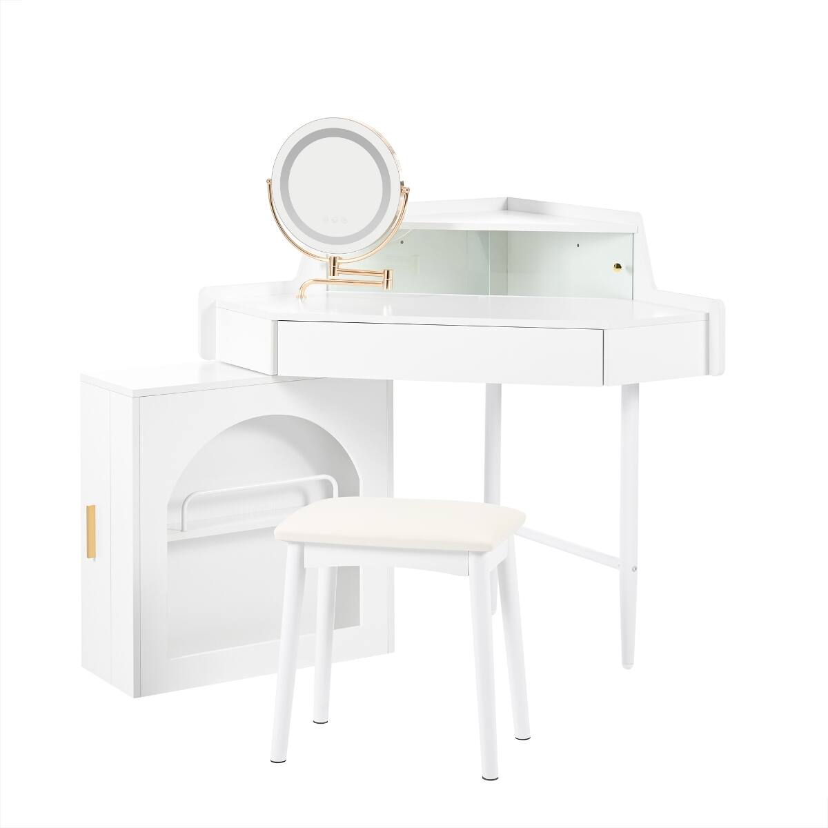 Alt View 7. Loheer - Loheer Corner Makeup Vanity Desk with LED Mirror, White Vanity Set with Stool - White.