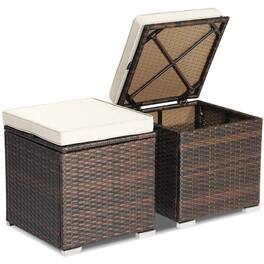 Costway - 2PCS Patio Rattan Ottomans Seat Side Table Storage Box Footstool with Cushions - White + Mix Brown