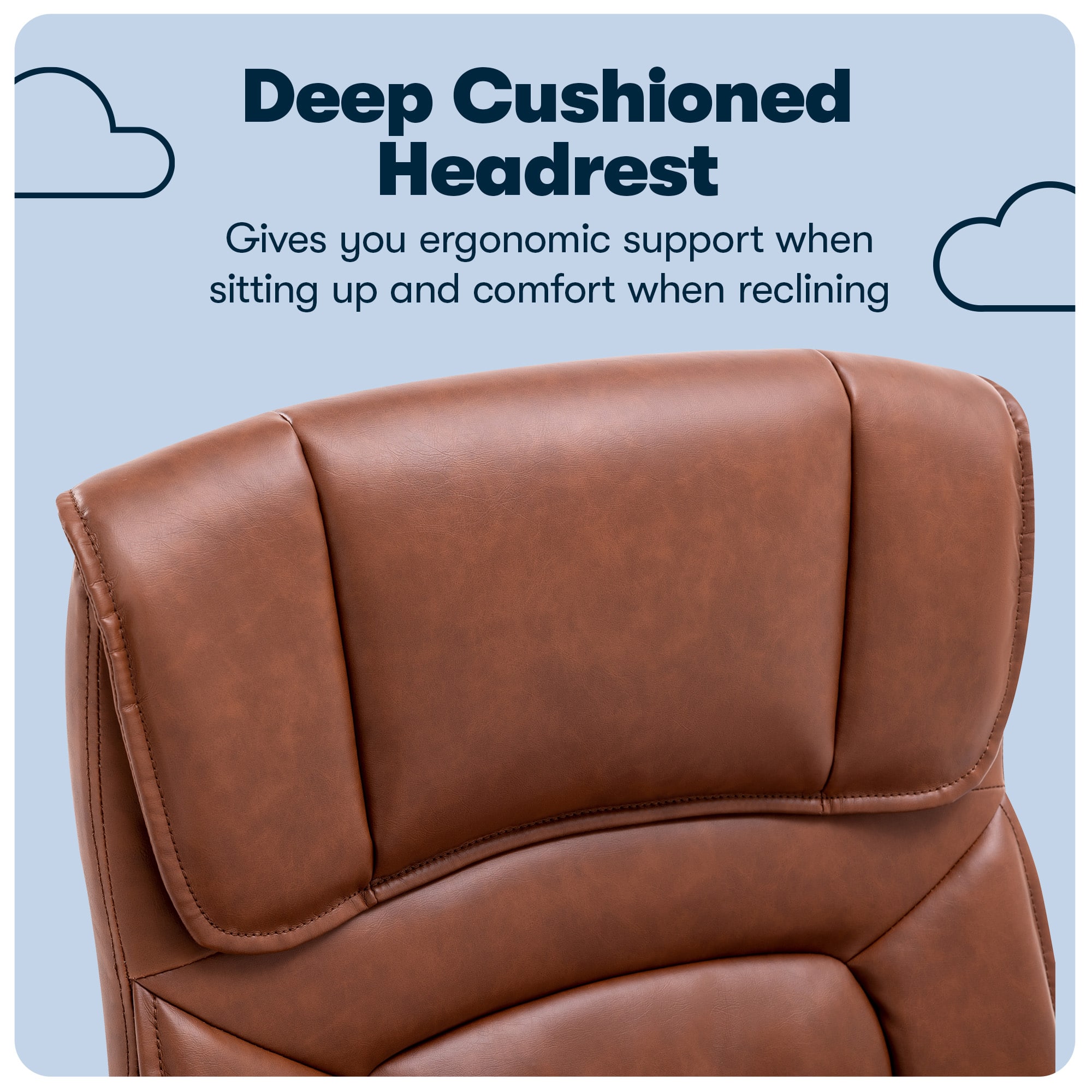 The image features a brown leather chair with a deep cushioned headrest. The headrest provides ergonomic support when sitting up and comfort when reclining. The chair is designed to offer a comfortable and supportive seating experience for the user.