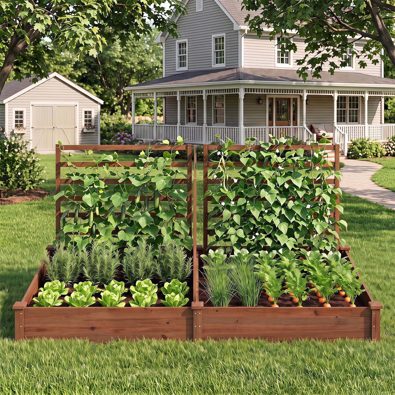 Alt View 3. Costway - Costway Raised Garden Bed with 3 Trellis, 2 Planter Boxes for Fruit, Vegetable, Flower - Dark Brown.