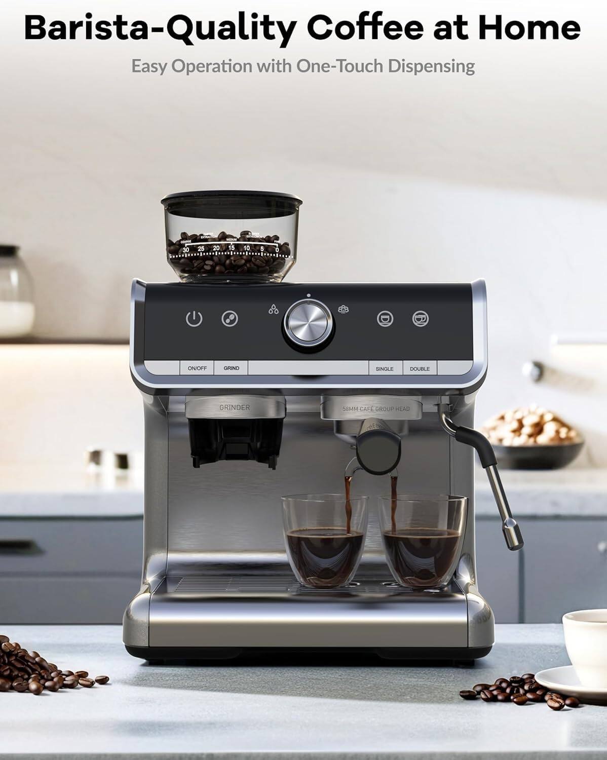 Barista-Quality Coffee at Home  
Easy Operation with One-Touch Dispensing  

ON/OFF  
GRIND  
SINGLE  
DOUBLE  

GRINDER  

58MM CAFÉ GROUP HEAD